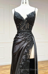 Black Spaghetti Straps Lace Appliques Semi Formal Prom Dress with Slit